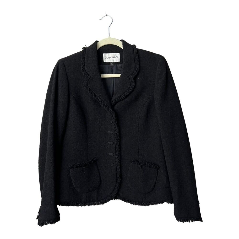 Albert Nipon Blazer‎ Womens Size 4 Black Wool Blend Fringe Details Jacket Lined